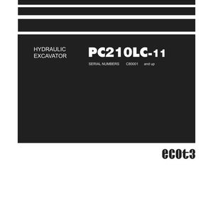 May include: A white document titled "Shop Manual" with black text and a black background. The document includes the text "HYDRAULIC EXCAVATOR" and "PC210LC-11". The Komatsu logo is at the bottom.