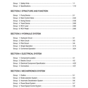 May include: A detailed table of contents from a manual, with headings and page numbers. Sections include General, Structure and Function, Hydraulic System, Electrical System, and Mechatronics System. The text is black on a white background.