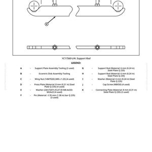 May include: Diagram of a support rod assembly, labeled YC17560-UN, with dimensions and part details. Includes support plates, washers, cap screws, and connecting plates. Measurements are in inches and millimeters.
