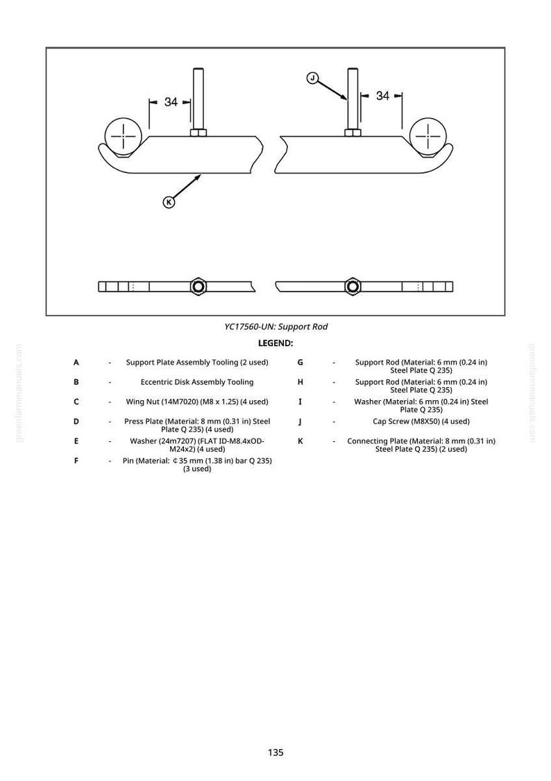 May include: Diagram of a support rod assembly, labeled YC17560-UN, with dimensions and part details. Includes support plates, washers, cap screws, and connecting plates. Measurements are in inches and millimeters.