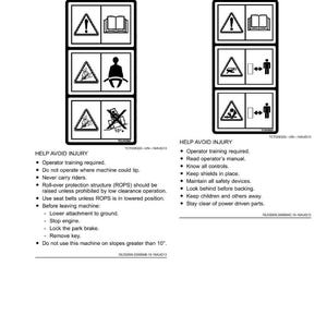 May include: Two sets of safety labels with black and white pictograms. The labels include warnings about operator training, reading manuals, and avoiding injury. The text "Help Avoid Injury" is at the top of each set of labels.
