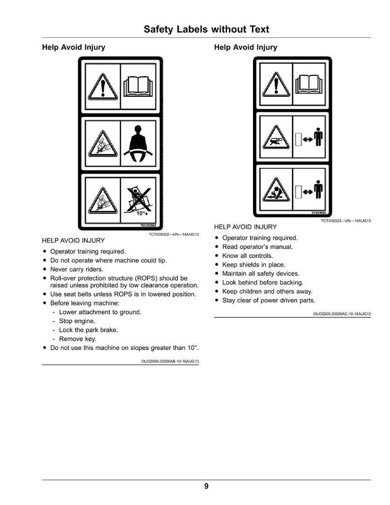 May include: Two sets of safety labels with black and white pictograms. The labels include warnings about operator training, reading manuals, and avoiding injury. The text "Help Avoid Injury" is at the top of each set of labels.