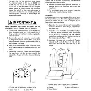 May include: Diagram from a hydraulic component repair manual. It includes illustrations of gear bore inspection and shaft seal installation, with labels and numbered parts for reference. Text provides detailed instructions.