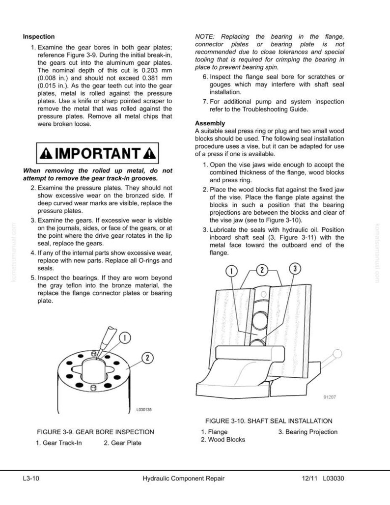May include: Diagram from a hydraulic component repair manual. It includes illustrations of gear bore inspection and shaft seal installation, with labels and numbered parts for reference. Text provides detailed instructions.