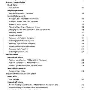 Op de afbeelding: Een pagina uit een handleiding met een gedetailleerde inhoudsopgave. Secties omvatten 'Mes installeren', 'Transportsysteem' en 'Problemen diagnosticeren'. Paginanummers worden weergegeven.