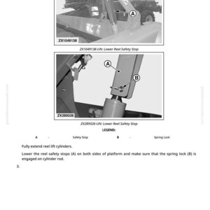 May include: Diagram of a combine harvester component, featuring close-up views of the lower reel safety stop. The image includes labels A and B, with text indicating safety stop and spring lock. Instructions are provided.