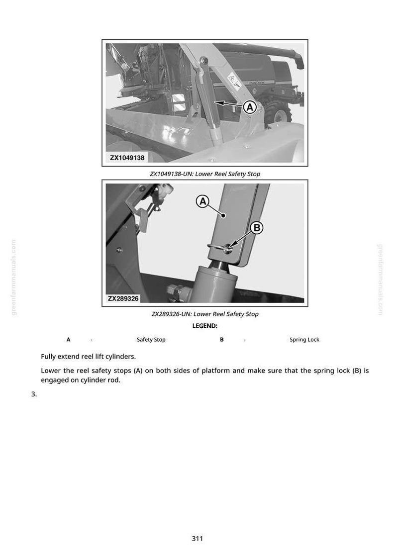 May include: Diagram of a combine harvester component, featuring close-up views of the lower reel safety stop. The image includes labels A and B, with text indicating safety stop and spring lock. Instructions are provided.