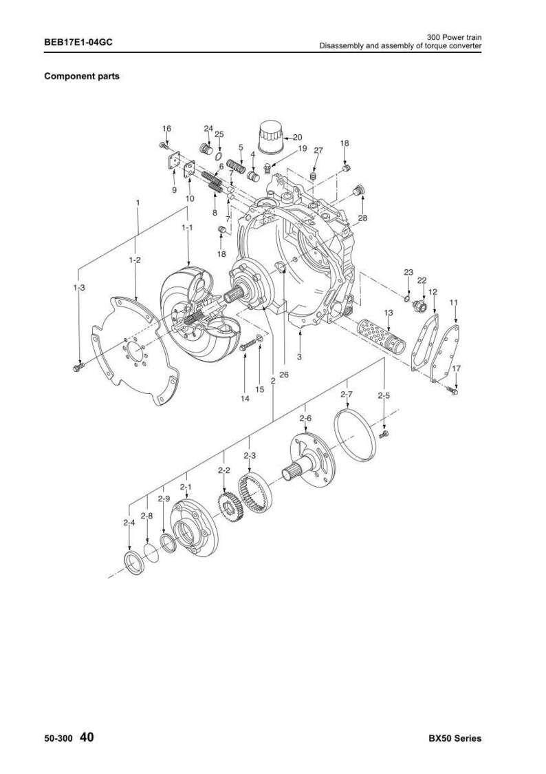 May include: An exploded diagram of a 300 Power train torque converter, showing various component parts. The image includes labels and numbers for each part, with the text "Component parts" at the top. The diagram is in black and white.