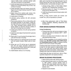May include: A page from a Rockwell Parking Brake manual with detailed instructions for caliper assembly, lining replacement, burnishing, and bleeding procedures. Includes diagrams and safety notes for automotive maintenance.