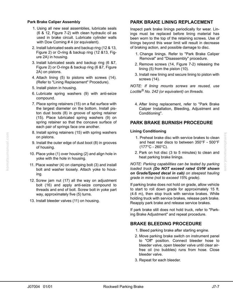 May include: A page from a Rockwell Parking Brake manual with detailed instructions for caliper assembly, lining replacement, burnishing, and bleeding procedures. Includes diagrams and safety notes for automotive maintenance.
