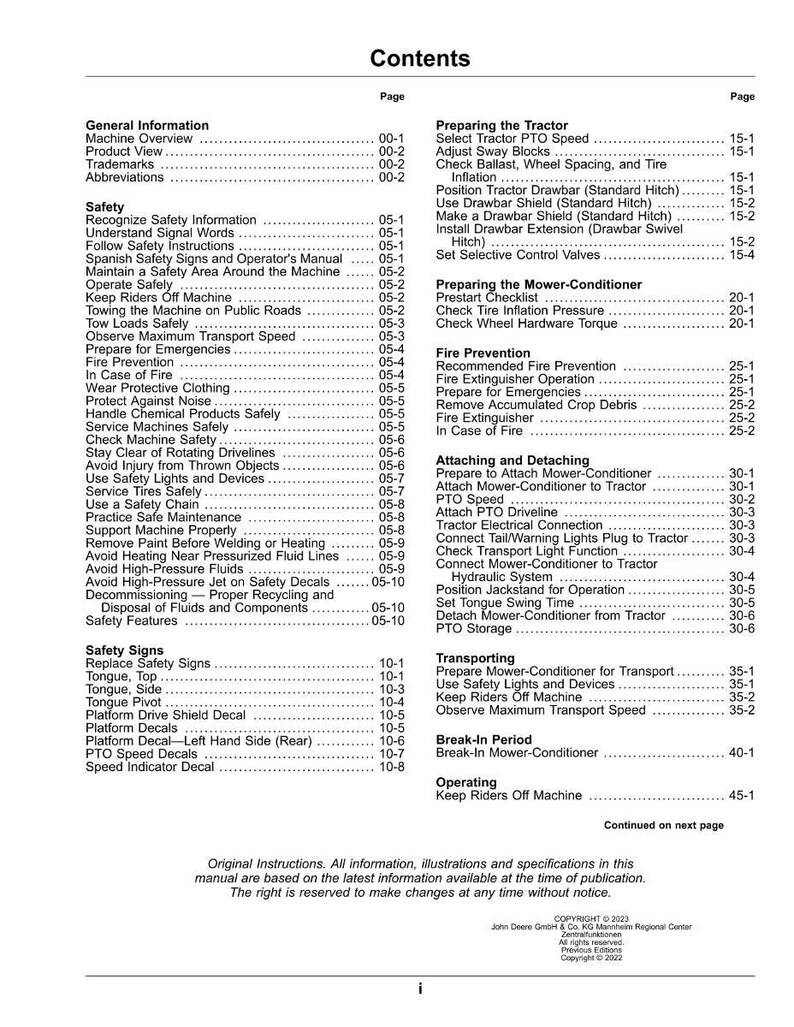 May include: A detailed table of contents from a manual, listing safety, operation, and maintenance topics. Includes sections on fire prevention, attaching/detaching, and transporting machinery. The document is from 2023.
