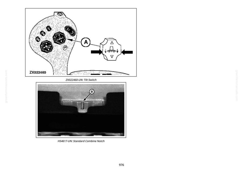 May include: Technical diagram featuring two detailed illustrations. The top image depicts a control panel with a tilt switch, labelled "A". The bottom image shows a standard combine notch, labelled "B".