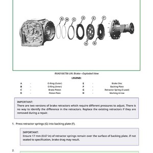 May include: Diagram of brake components, including an exploded view of a brake assembly, O-rings, brake piston, and retractor springs. Text instructions detail the installation process, including ensuring 0.67 inches of spring remains.