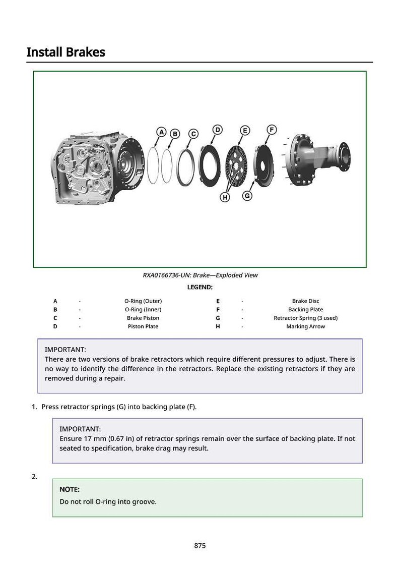 May include: Diagram of brake components, including an exploded view of a brake assembly, O-rings, brake piston, and retractor springs. Text instructions detail the installation process, including ensuring 0.67 inches of spring remains.