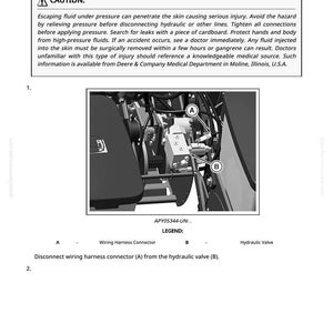 May include: Diagram illustrating the removal and installation of a hydraulic valve. The image includes a warning about high-pressure fluids and a close-up of the wiring harness connector and hydraulic valve. Text includes "CAUTION" and "Disconnect wiring harness connector (A) from the hydraulic valve (B)."