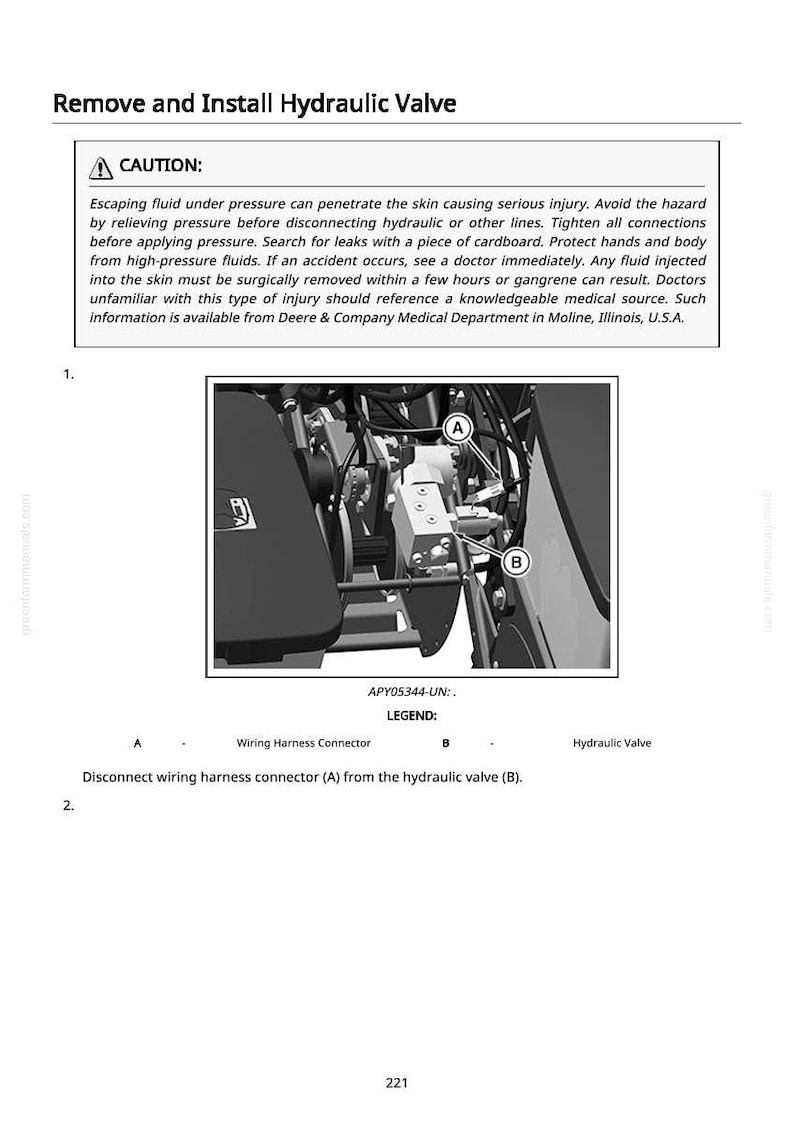 May include: Diagram illustrating the removal and installation of a hydraulic valve. The image includes a warning about high-pressure fluids and a close-up of the wiring harness connector and hydraulic valve. Text includes "CAUTION" and "Disconnect wiring harness connector (A) from the hydraulic valve (B)."