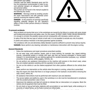 K&ouml;nnte beinhalten: Eine Manuellseite mit der &Uuml;berschrift &bdquo;SICHERHEITSSTANDARDS&ldquo; und einem Warnsymbol. Der Text beschreibt Sicherheitsvorkehrungen, einschlie&szlig;lich Warnungen vor potenziellen Gefahren und Anweisungen f&uuml;r sichere Wartungsverfahren. Das Dokument ist datiert 02-2012.