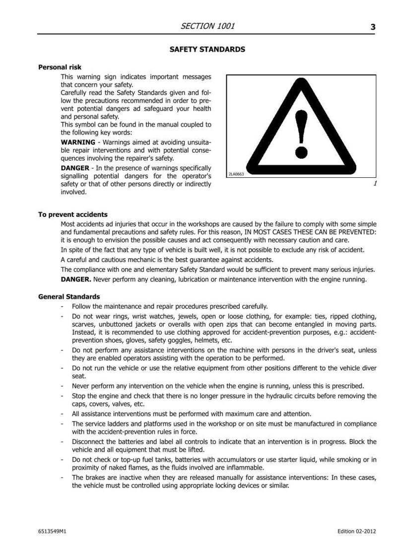 K&ouml;nnte beinhalten: Eine Manuellseite mit der &Uuml;berschrift &bdquo;SICHERHEITSSTANDARDS&ldquo; und einem Warnsymbol. Der Text beschreibt Sicherheitsvorkehrungen, einschlie&szlig;lich Warnungen vor potenziellen Gefahren und Anweisungen f&uuml;r sichere Wartungsverfahren. Das Dokument ist datiert 02-2012.