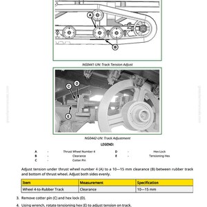 Puede incluir: Diagrama t&eacute;cnico de ajuste de orugas para una m&aacute;quina, con vistas detalladas y etiquetas. Instrucciones para ajustar la tensi&oacute;n de la oruga, con una holgura de 10-15 mm. Las medidas est&aacute;n en mil&iacute;metros.