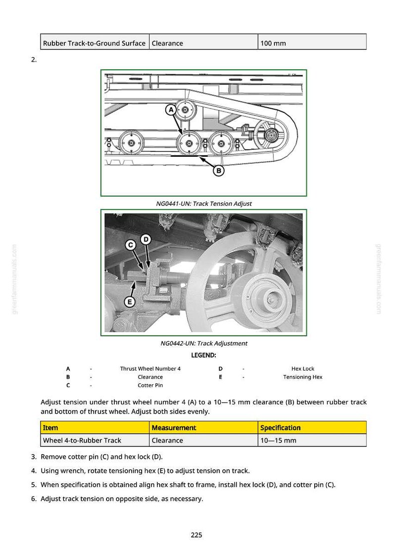 Puede incluir: Diagrama t&eacute;cnico de ajuste de orugas para una m&aacute;quina, con vistas detalladas y etiquetas. Instrucciones para ajustar la tensi&oacute;n de la oruga, con una holgura de 10-15 mm. Las medidas est&aacute;n en mil&iacute;metros.