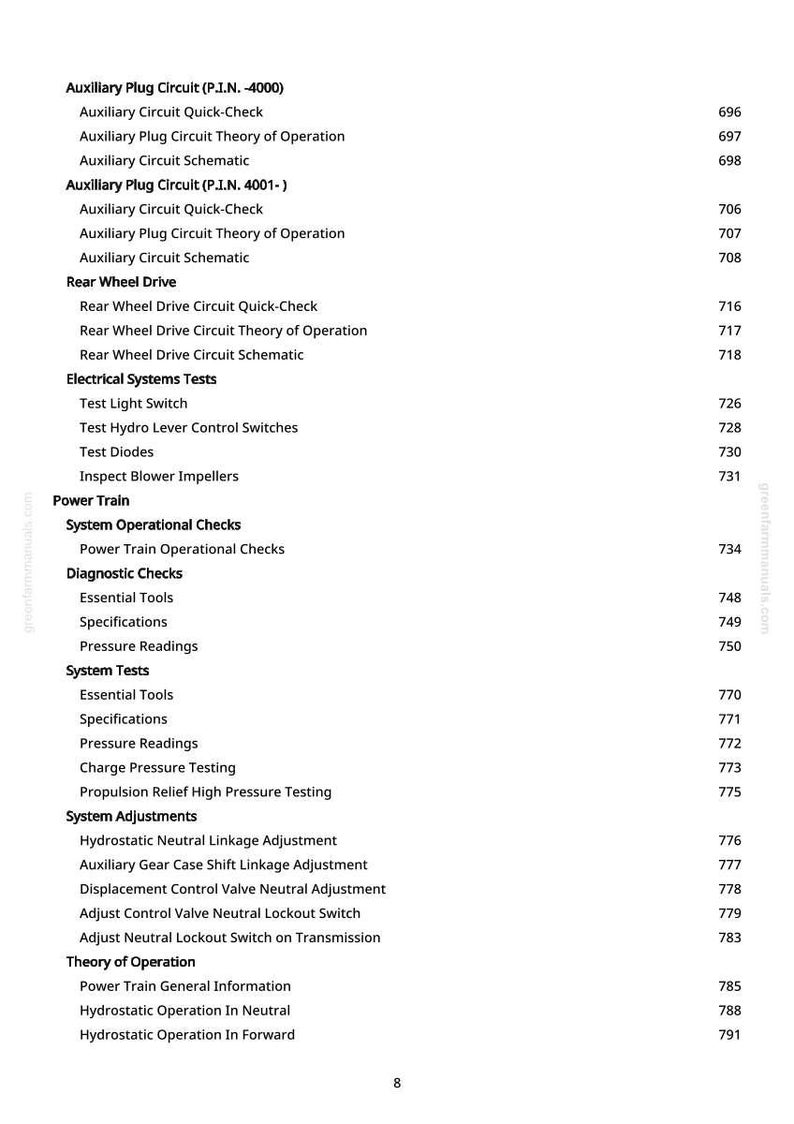 May include: A page from a manual with a list of technical terms and page numbers. The text includes terms like "Auxiliary Plug Circuit," "Rear Wheel Drive," and "Electrical Systems Tests." The page number "8" is visible at the bottom.