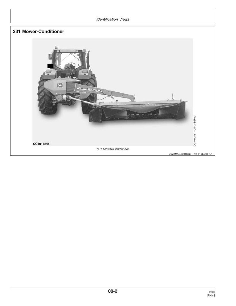 May include: A grayscale image of a 331 Mower-Conditioner, a piece of agricultural machinery. The machine is a tractor with a mower attachment. The image is a technical illustration, likely from a manual.