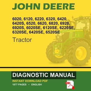 May include: A John Deere tractor is featured on a yellow background, with the text "JOHN DEERE" in green. Below, model numbers are listed, and the words "Tractor" and "DIAGNOSTIC MANUAL" are also visible. The image includes a PDF icon.
