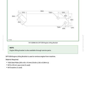 May include: Diagram of a DFT1359 Engine Lifting Bracket, with measurements in inches and millimeters. The bracket is made of a 1020 steel plate, with dimensions of 10.43 x 2.56 x 0.394 inches. Includes M10 cap screws and washers.