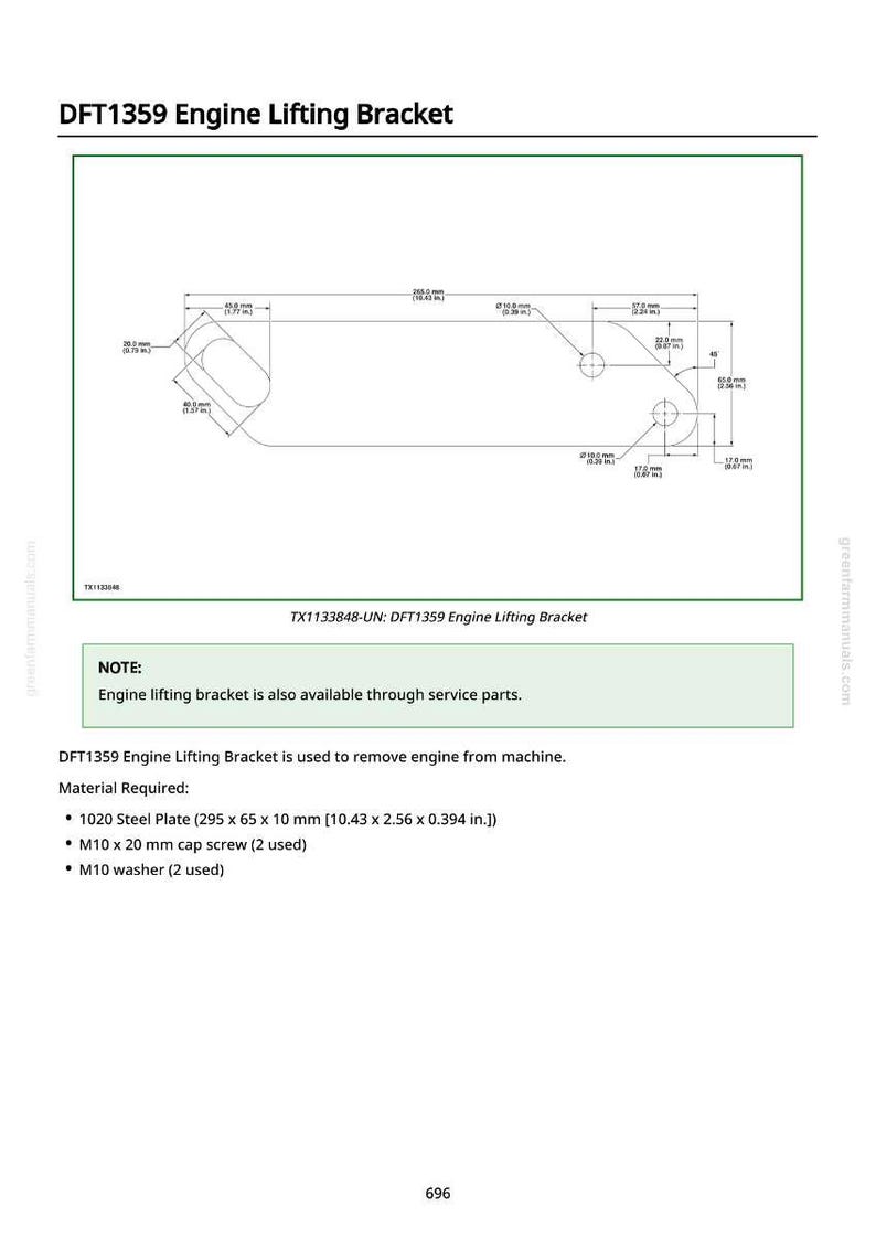 May include: Diagram of a DFT1359 Engine Lifting Bracket, with measurements in inches and millimeters. The bracket is made of a 1020 steel plate, with dimensions of 10.43 x 2.56 x 0.394 inches. Includes M10 cap screws and washers.
