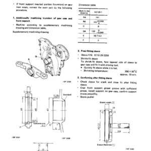 May include: Technical diagram for cylinder block repair, showing front support and gear case trunnion correction. Includes dimension tables, diagrams of parts, and instructions for press-fitting sleeves. Measurements are in millimeters.