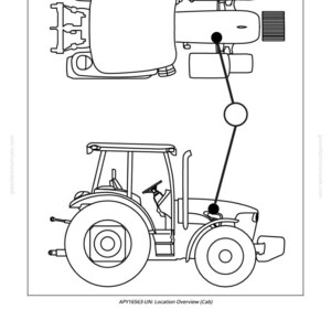 May include: A black and white line drawing of a tractor, showing an overhead view of the cab and a side view of the tractor. The image includes the text "APY16563-UN: Location Overview (Cab)" and the number "878".