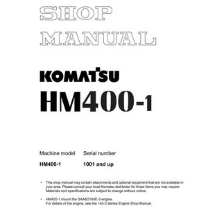 May include: A white shop manual with the text "SHOP MANUAL" at the top. Below is the brand name "KOMATSU" and the model "HM400-1" in bold black font. The manual includes machine model and serial number information.