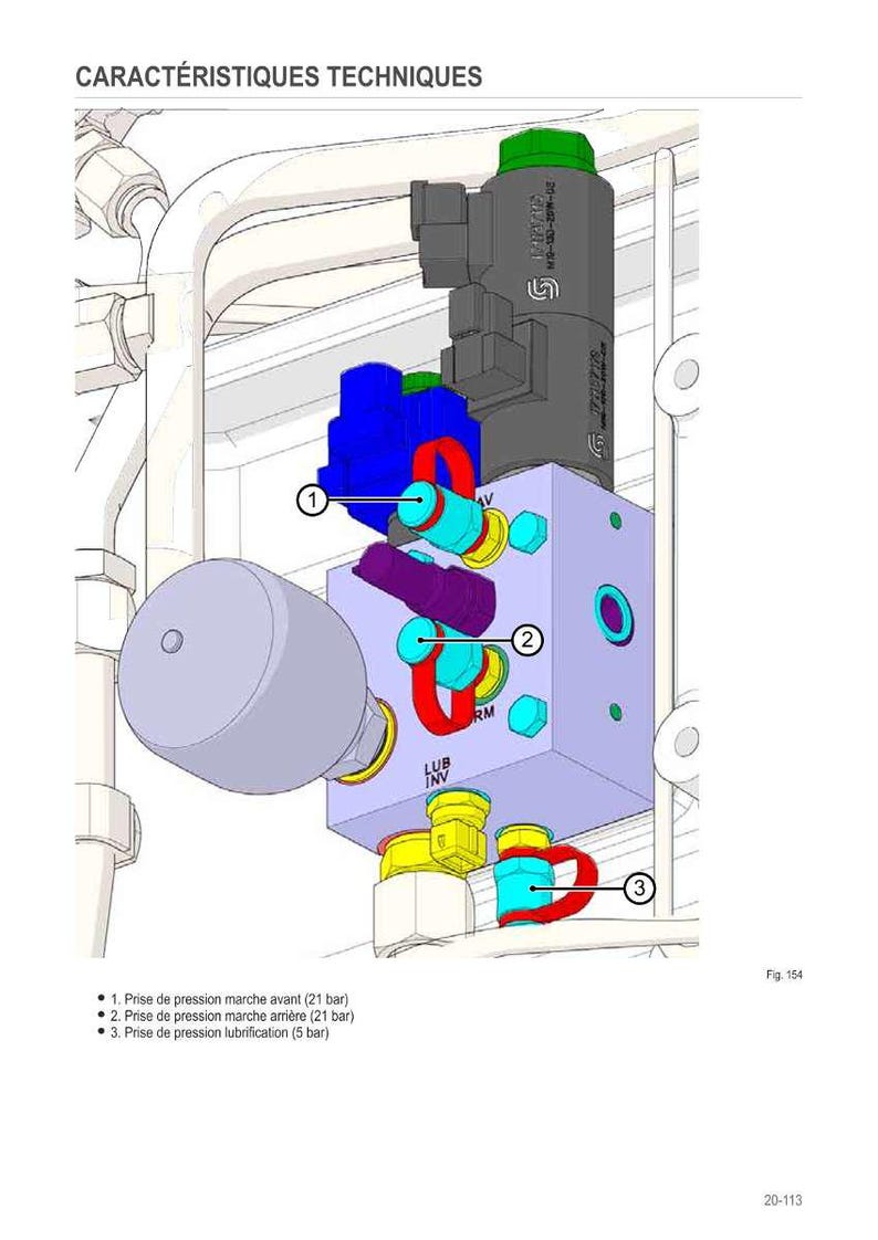 May include: Technical diagram of a mechanical component with text in French. The diagram features a gray, blue, and purple block with red and yellow connectors, and a cylindrical component. The text includes pressure readings in bar.
