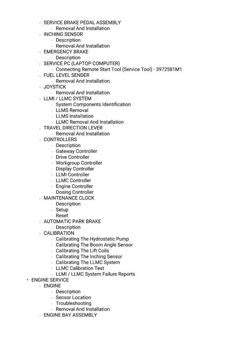 Puede incluir: Una lista detallada de los procedimientos de servicio automotriz, que incluye frenos, sensores y mantenimiento de controladores. El texto incluye instrucciones para la extracci&oacute;n, instalaci&oacute;n y calibraci&oacute;n de varios componentes del veh&iacute;culo. El documento est&aacute; organizado con vi&ntilde;etas y subt&iacute;tulos.