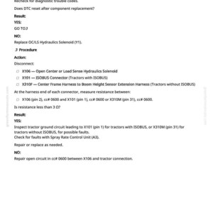 May include: A white page with black text detailing tractor repair procedures. The text includes instructions for replacing a solenoid, checking diagnostic codes, and inspecting circuits. The page also includes a website address and the number 163.