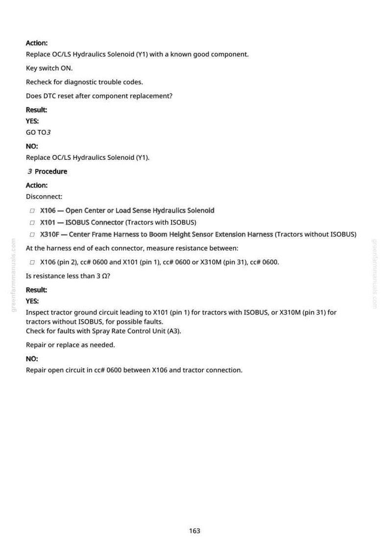 May include: A white page with black text detailing tractor repair procedures. The text includes instructions for replacing a solenoid, checking diagnostic codes, and inspecting circuits. The page also includes a website address and the number 163.