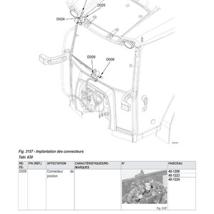 Op de afbeelding: Elektrisch schema met labels D008, D009, D023, D024 en D025. De afbeelding bevat een tabel met connectordetails en een diagram van de connectorlocatie.
