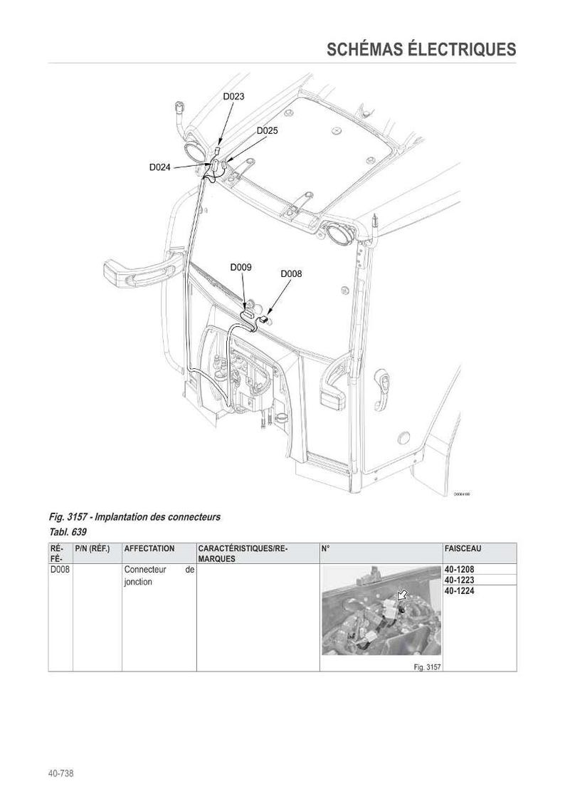 Op de afbeelding: Elektrisch schema met labels D008, D009, D023, D024 en D025. De afbeelding bevat een tabel met connectordetails en een diagram van de connectorlocatie.