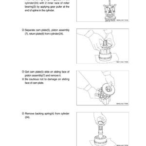 May include: Diagram showing the disassembly of a cylinder assembly. The steps involve removing the inner race of a taper roller bearing, separating cam plates, and removing a backing spring. Text and diagrams are in black and white.