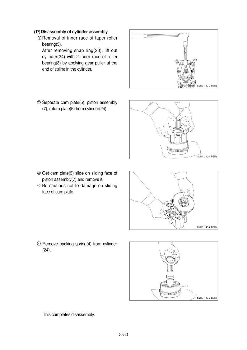 May include: Diagram showing the disassembly of a cylinder assembly. The steps involve removing the inner race of a taper roller bearing, separating cam plates, and removing a backing spring. Text and diagrams are in black and white.