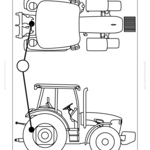 K&ouml;nnte beinhalten: Strichzeichnung eines Traktors mit dem Text "Install Test Equipment 70-3" oben. Das Bild enth&auml;lt eine Draufsicht und eine Seitenansicht des Traktors, mit einer Linie und einem Kreis, die die Position eines Testanschlusses angeben. Der Text "PY14228-UN: Test Port Location Overview" befindet sich unten.