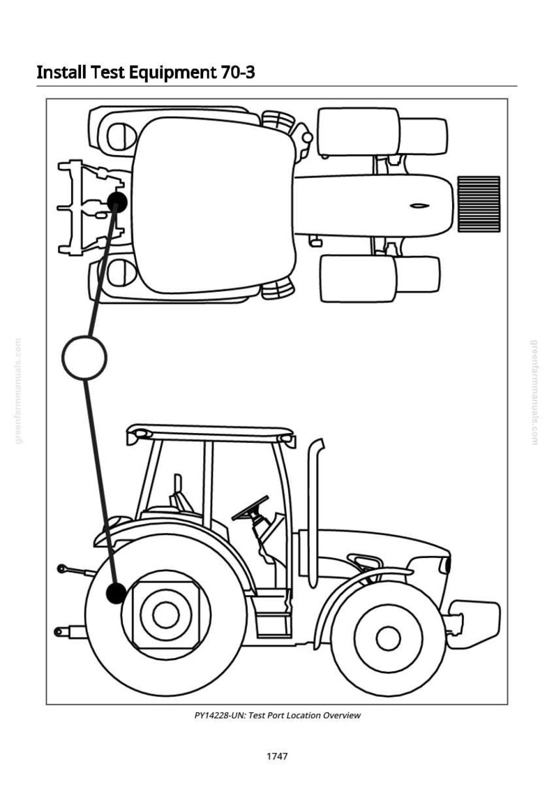 K&ouml;nnte beinhalten: Strichzeichnung eines Traktors mit dem Text "Install Test Equipment 70-3" oben. Das Bild enth&auml;lt eine Draufsicht und eine Seitenansicht des Traktors, mit einer Linie und einem Kreis, die die Position eines Testanschlusses angeben. Der Text "PY14228-UN: Test Port Location Overview" befindet sich unten.