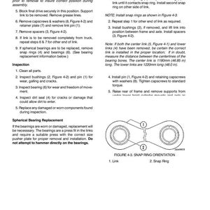 May include: Technical diagram with instructions for final drive attachments. Includes diagrams of a link and snap ring, with measurements in inches. Text details inspection, installation, and spherical bearing replacement procedures.