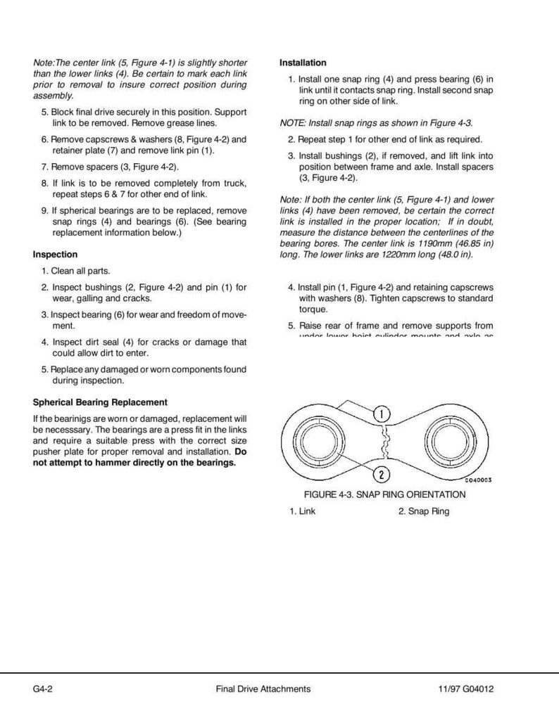 May include: Technical diagram with instructions for final drive attachments. Includes diagrams of a link and snap ring, with measurements in inches. Text details inspection, installation, and spherical bearing replacement procedures.