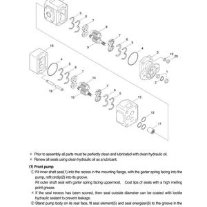 Może przedstawiać: Szczeg&oacute;łowy schemat techniczny zespołu pompy hydraulicznej, przedstawiający r&oacute;żne elementy, takie jak uszczelki, obudowy i wały. Ilustracja zawiera etykiety i numery dla każdej części, zapewniając wyraźny widok struktury wewnętrznej pompy.