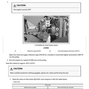 May include: Image of a technical diagram with text and a grayscale engine compartment photo. The text includes warnings, instructions, and a table with flow rate data. The engine must be off during the procedure.