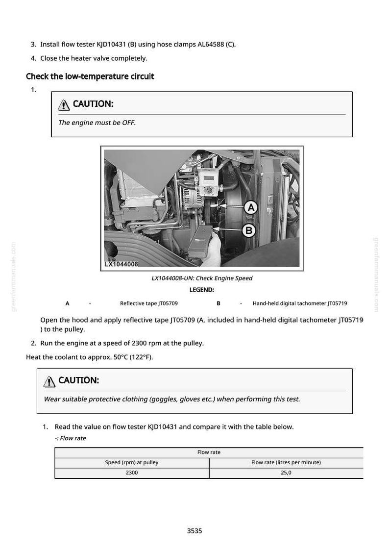 May include: Image of a technical diagram with text and a grayscale engine compartment photo. The text includes warnings, instructions, and a table with flow rate data. The engine must be off during the procedure.