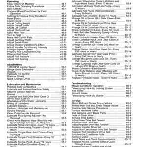 May include: A detailed table of contents from a manual, listing operational procedures, maintenance schedules, and troubleshooting steps for a machine. The pages are numbered, and the text is in black.