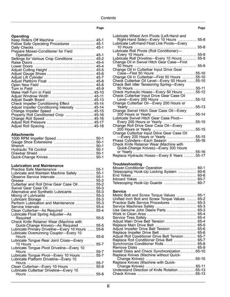 May include: A detailed table of contents from a manual, listing operational procedures, maintenance schedules, and troubleshooting steps for a machine. The pages are numbered, and the text is in black.