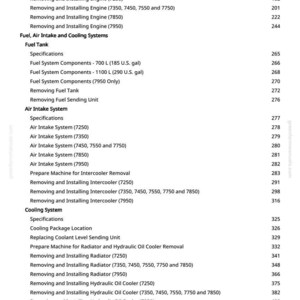 May include: A detailed table of contents from a manual, listing sections on engine removal, fuel systems, air intake, and cooling systems. Includes page numbers for easy reference.